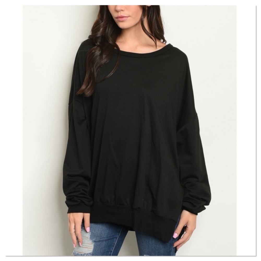 Black Oversized Scoop Neck Long Sleeve Top - Picture 2 of 3